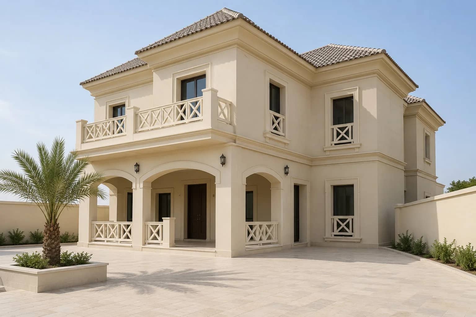 Illustration: Cream two-storey Mediterranean-style villa with an arched arcade, crossed-bar balconies and a tiled hipped roof, facing a paved courtyard