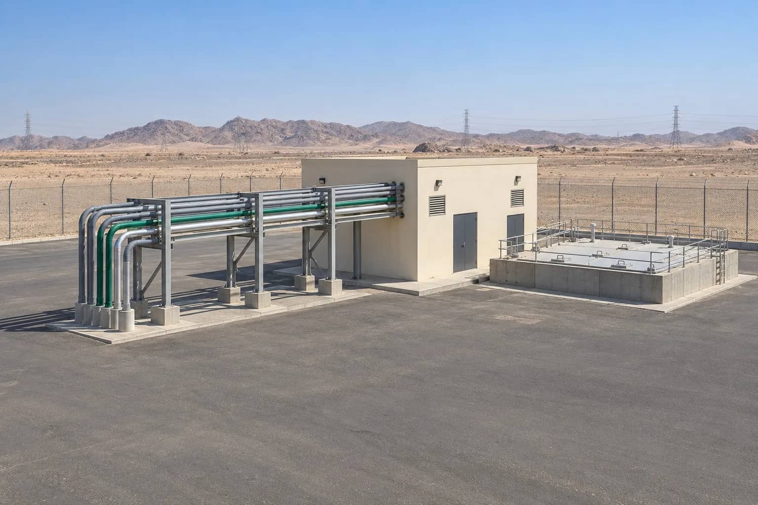 Illustration: Sewage treatment yard with a pipe rack running into a plant room beside a covered concrete tank, desert hills beyond