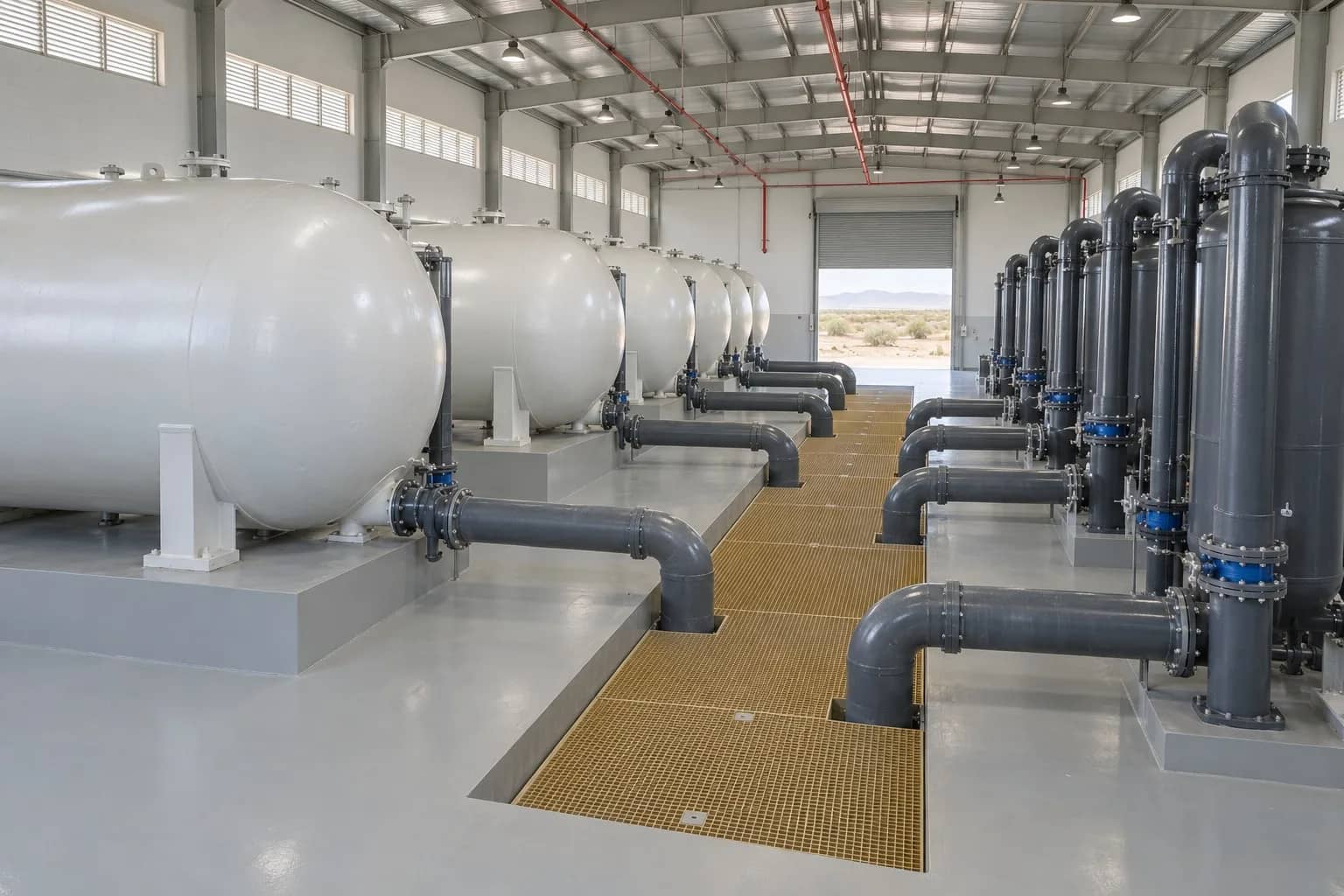 Illustration: Water treatment filter hall with white horizontal pressure tanks, grey vertical filter housings and pipework over a grated trench
